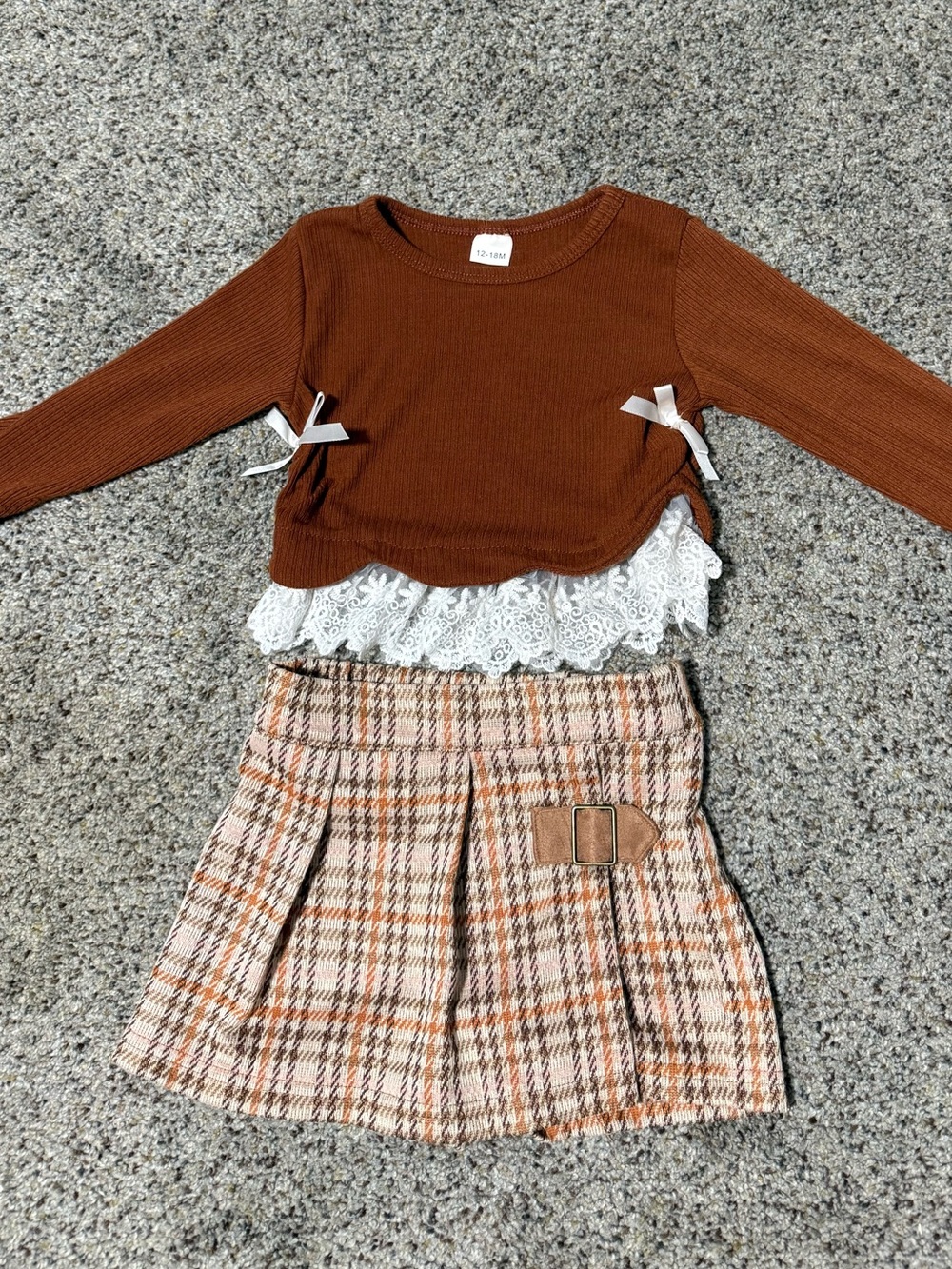Girls Brown Ribbed Top & Plaid Skort Set with Lace Trim
